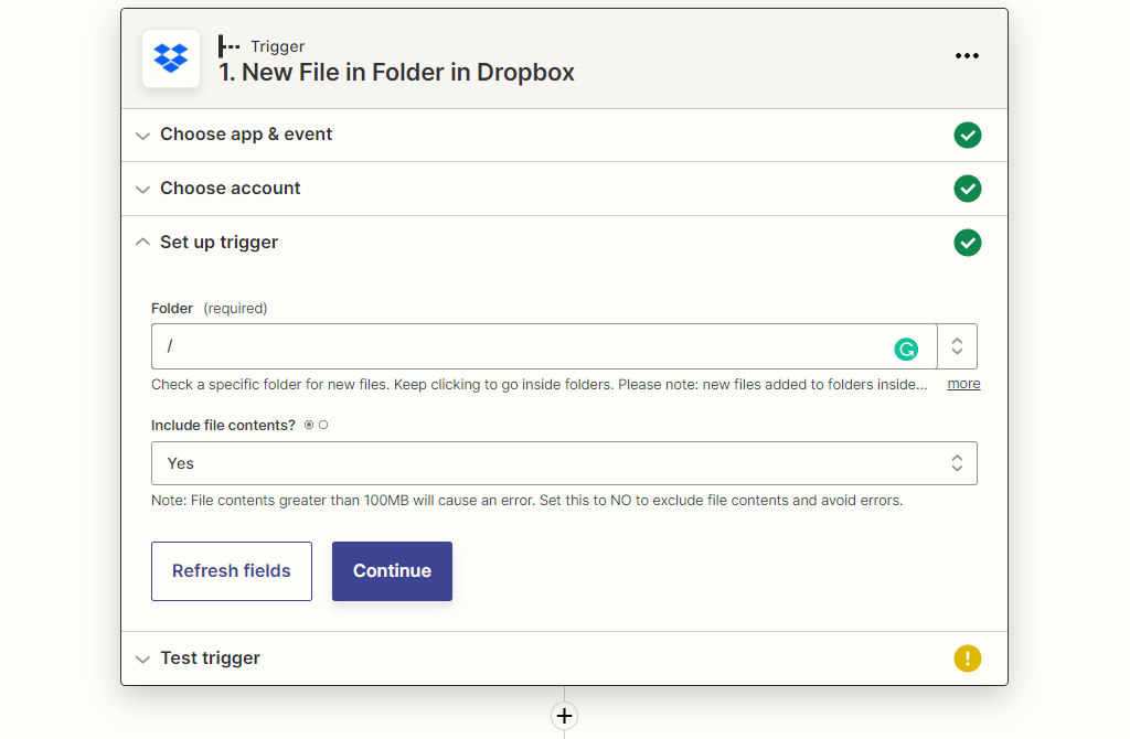 Dropbox trigger for Zap