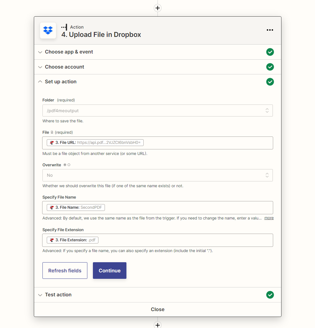 Upload output files action from Dropbox