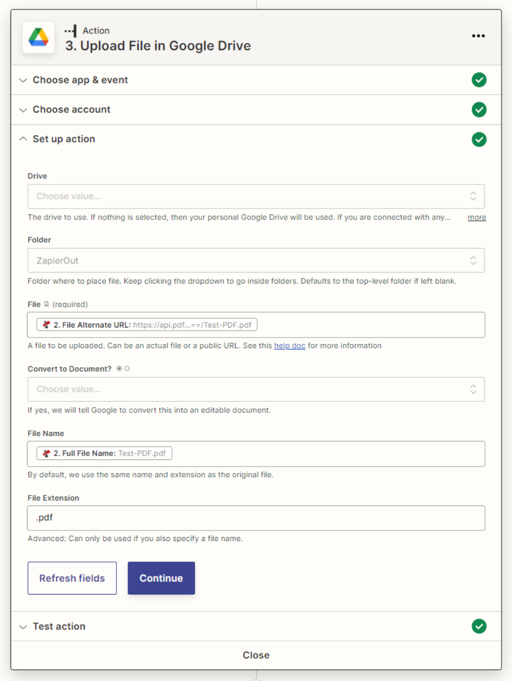 Google drive upload for extract pages Zap