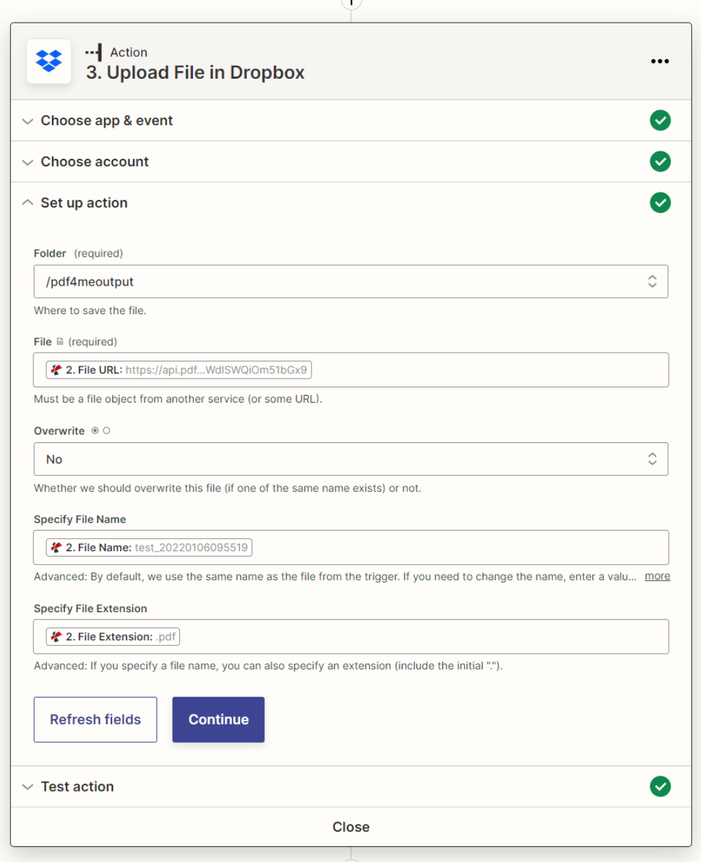 Upload file in Dropbox action