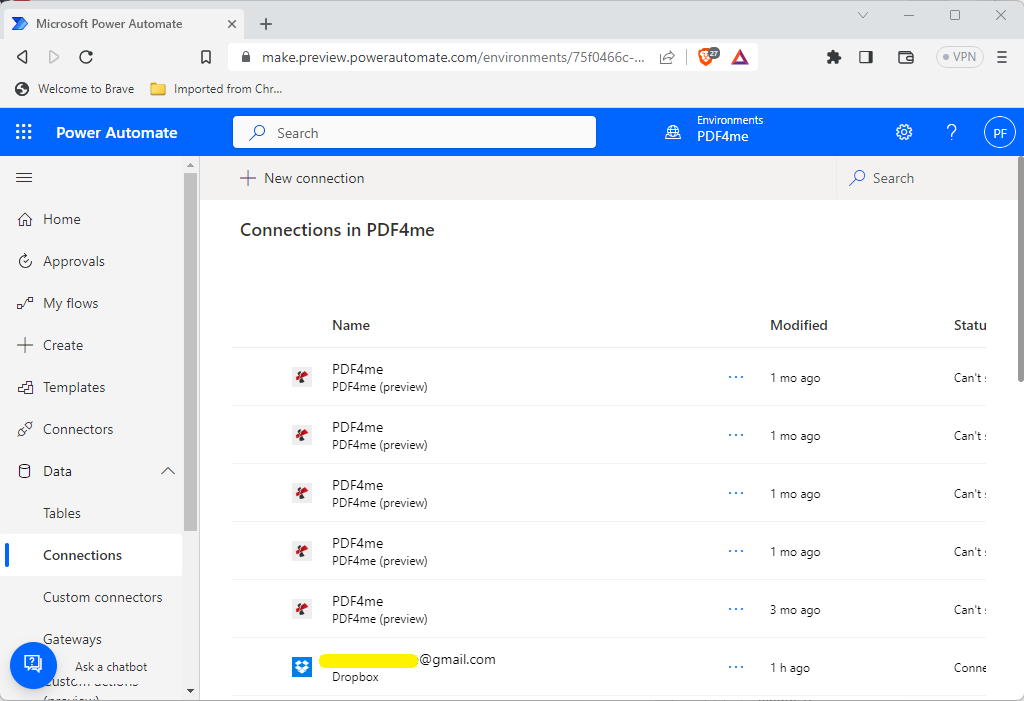 show PDF4me connection in Power automate site