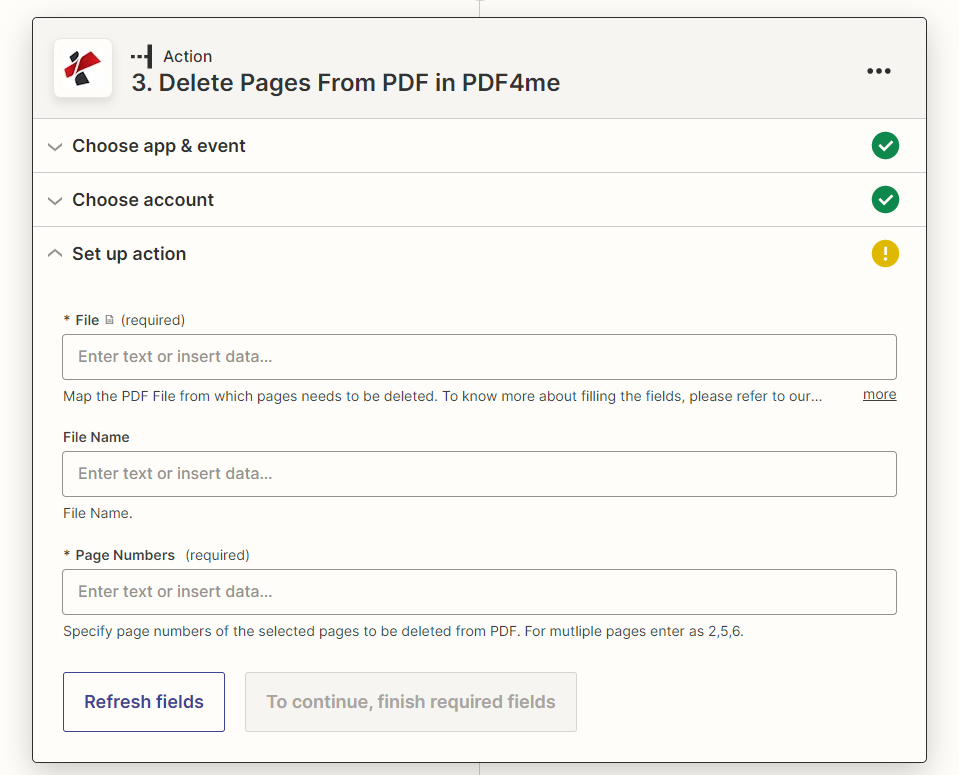 Delete PDF Pages action in Zapier