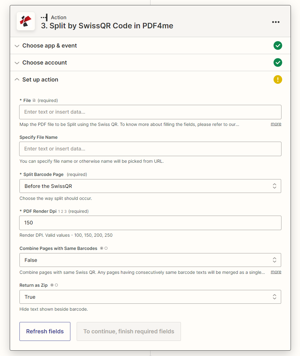 Split PDF by Swiss QR action in Zapier