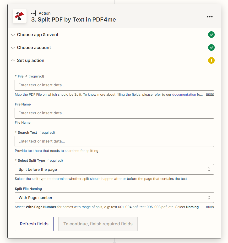 Split PDF by Text action in Zapier